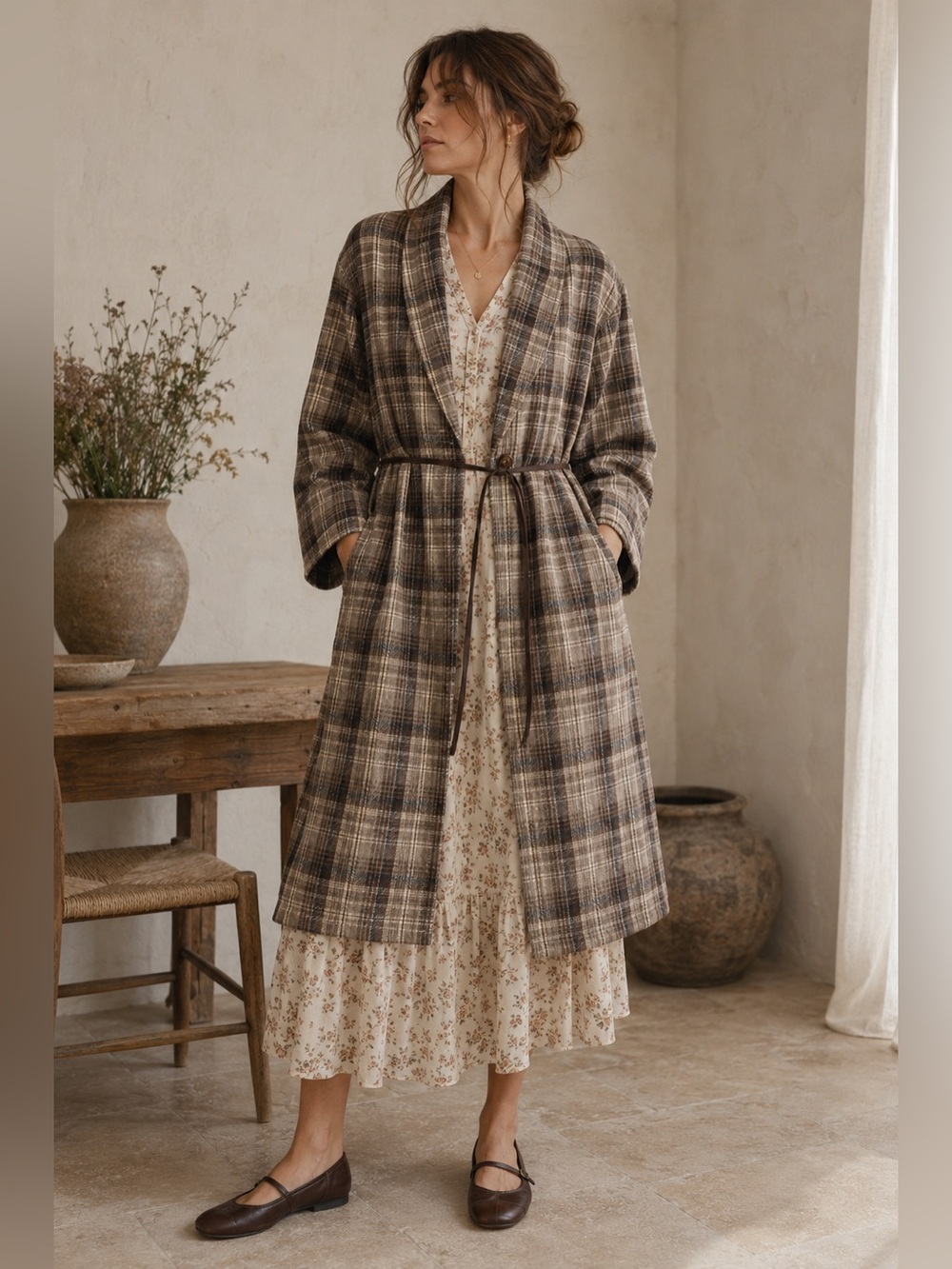 Grade & Gather Plaid Cotton Flannel Duster Cardigan Coat Lightweight Belted, M/L